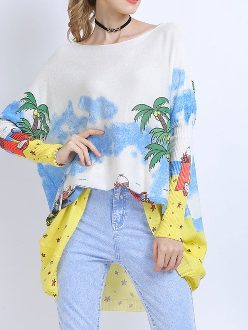Boat Neck Long Sleeve Beach Scenic Print Oversized Knit Sweater 7