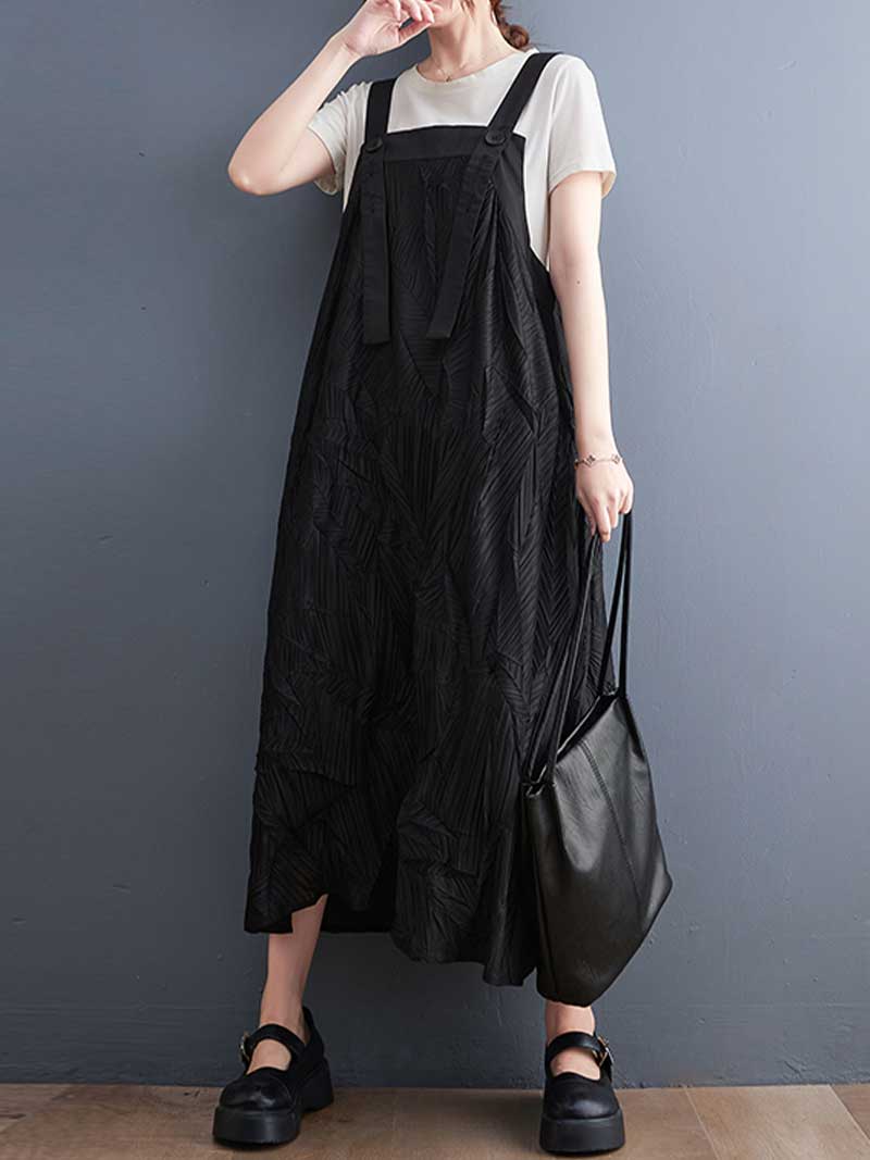 Pleated Cotton Black Color Salopette Dress