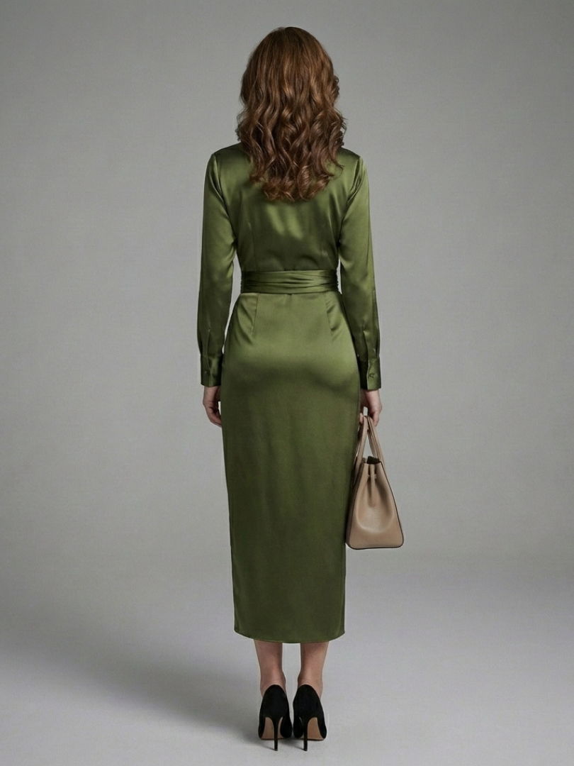 Green Collared Satin Long Sleeve Ruched Wrap Tulip Hem Midi Dress 3