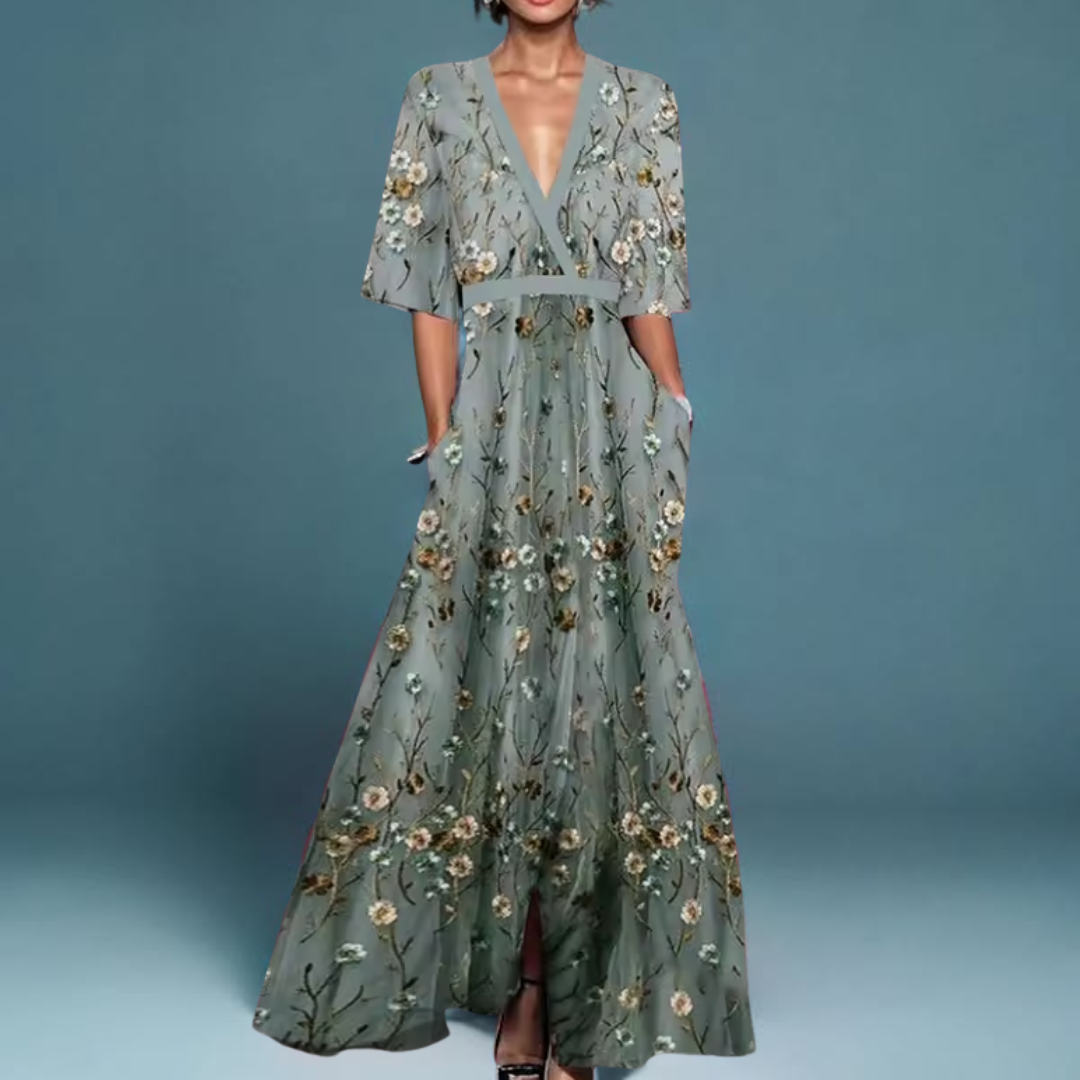Deep V-Neck Floral Print Half Sleeve A-Line Maxi Dress 4