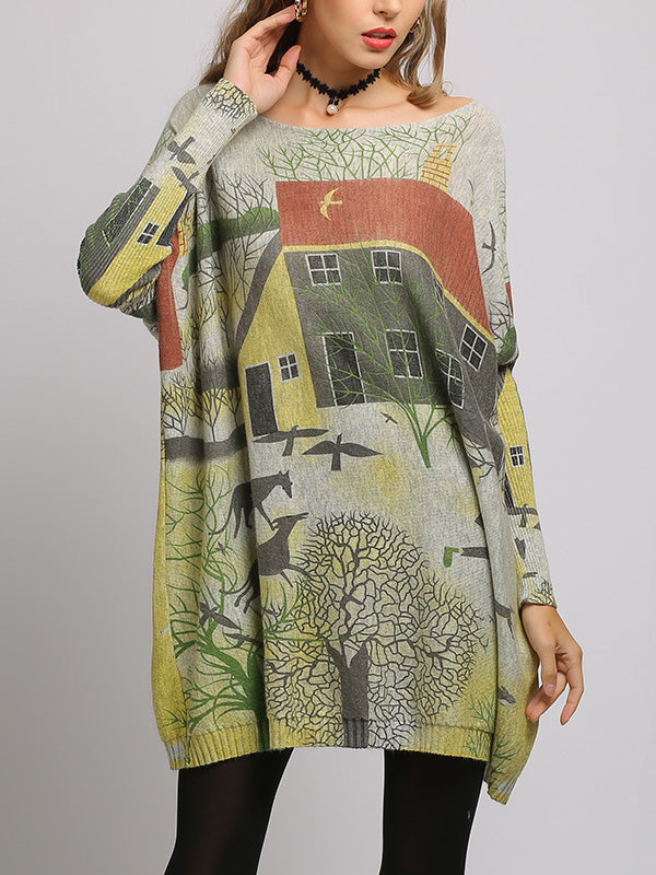 Boat Neck Scenic Print Long Sleeve Loose Knit Sweater 2