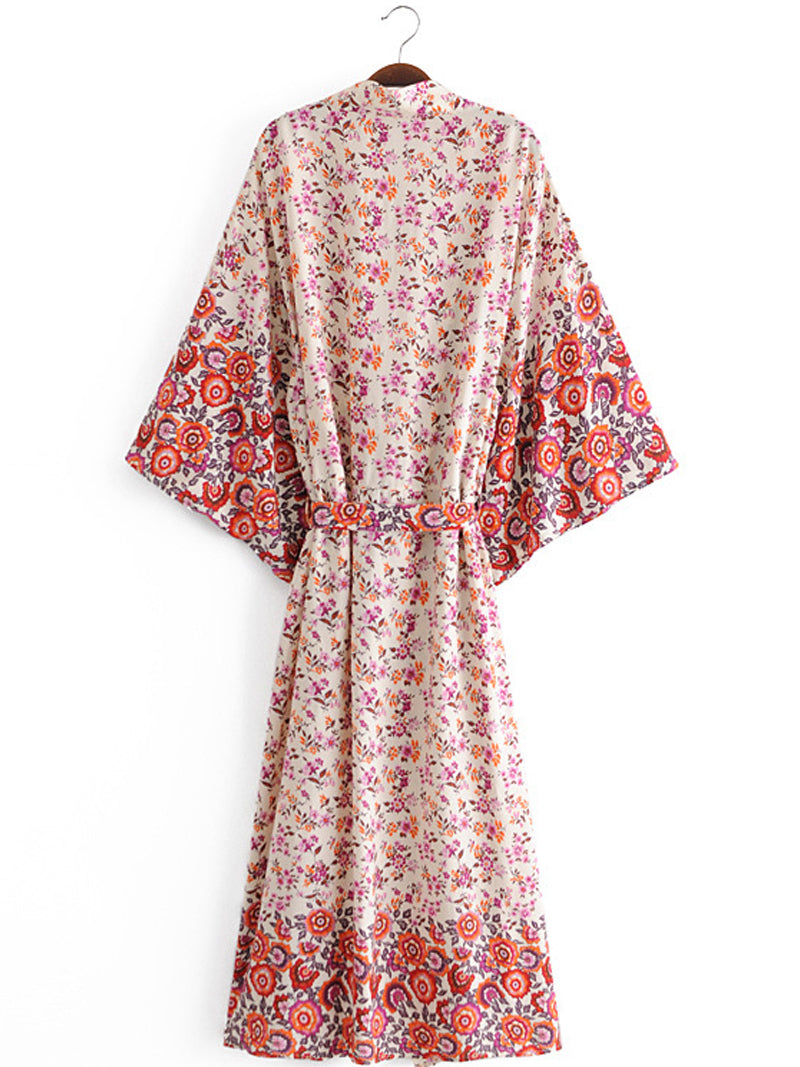 Red Ditsy Floral Border Print Tie Waist Long Kimono 2