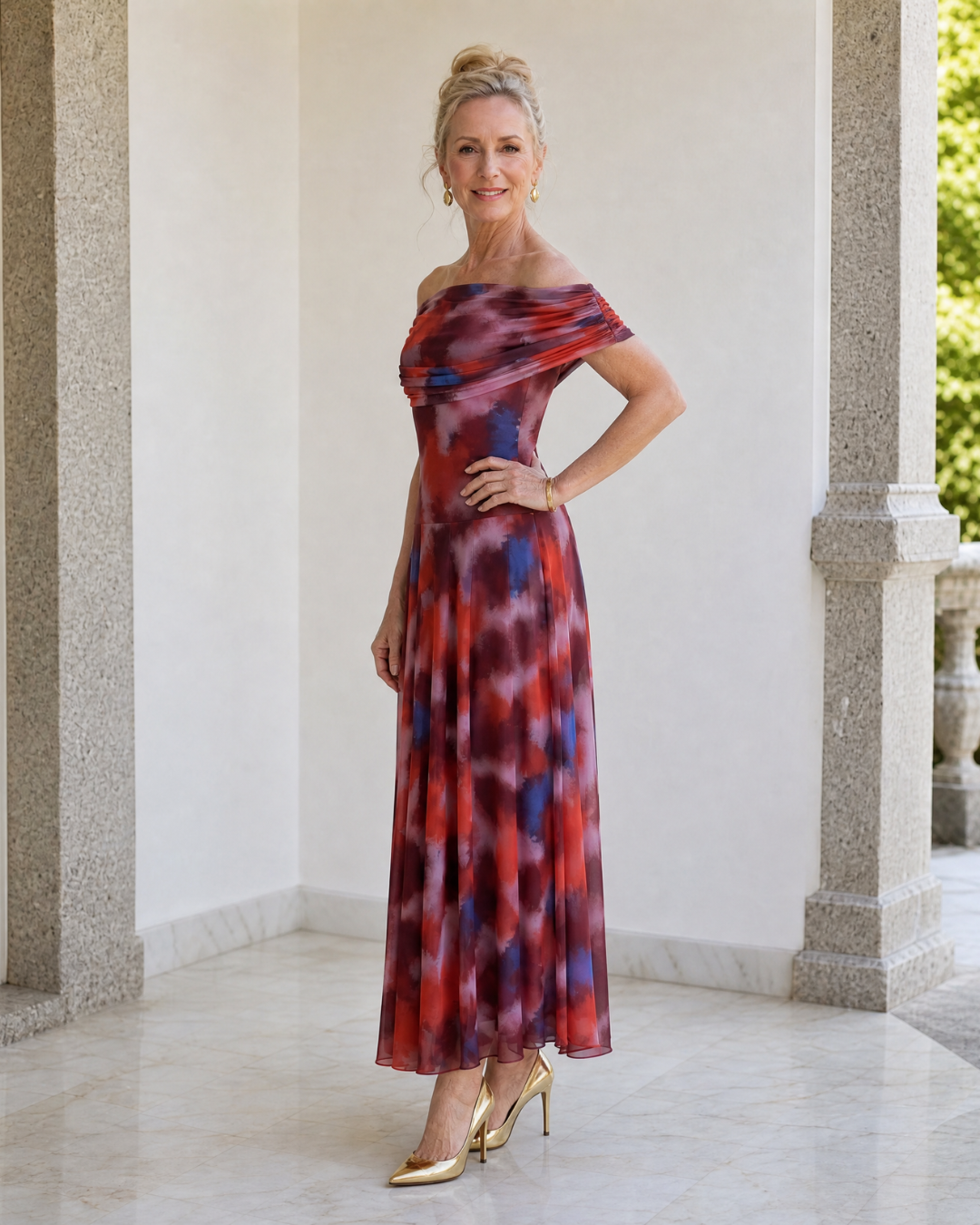 Multicolor Off-Shoulder Ruched Watercolor Print Pleated A-Line Midi Dress