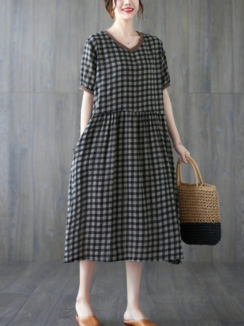 Black V-Neck Gingham Check Short Sleeve Smock Loose A-Line Midi Dress 4