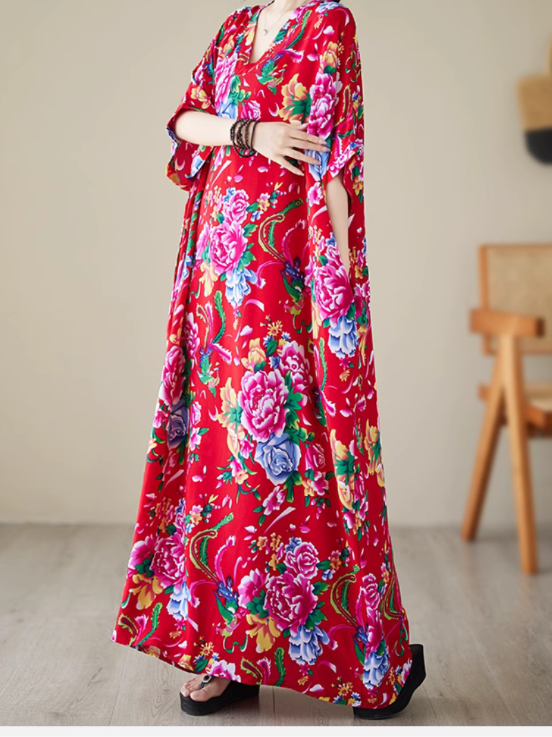 V-Neck Floral Print Batwing Sleeve Loose Kaftan Maxi Dress 3
