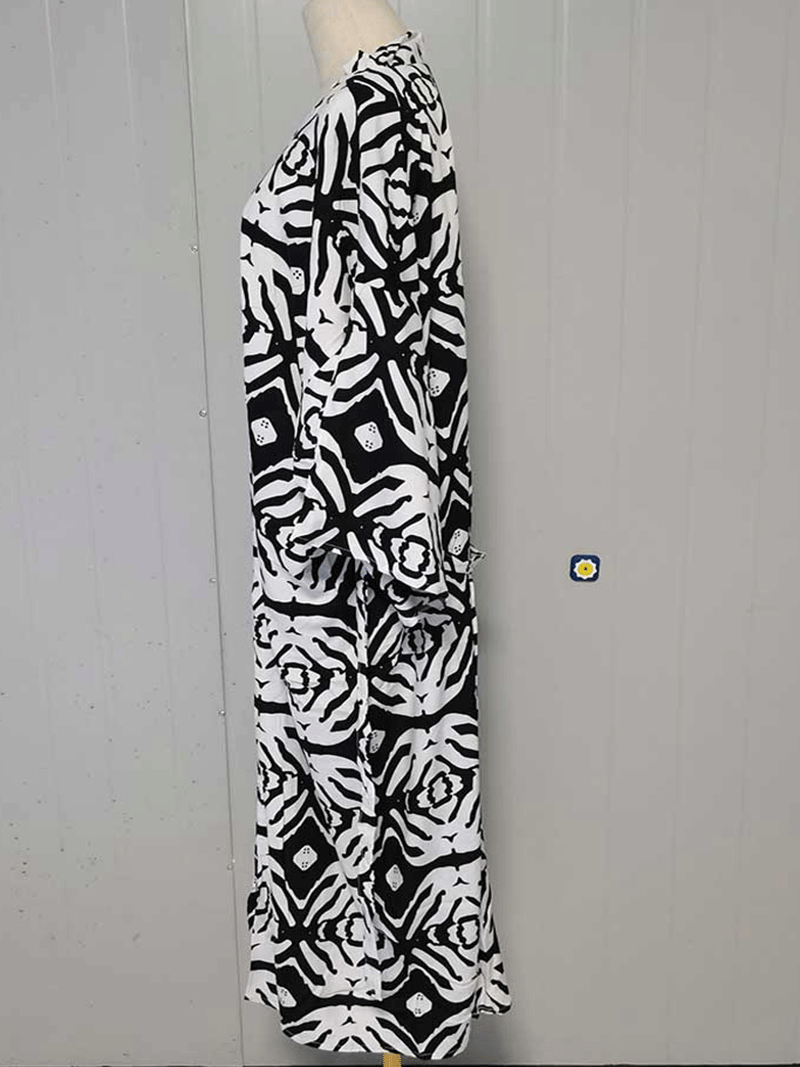 Black+white Abstract Geometric Print Open Front Long Kimono Robe 3