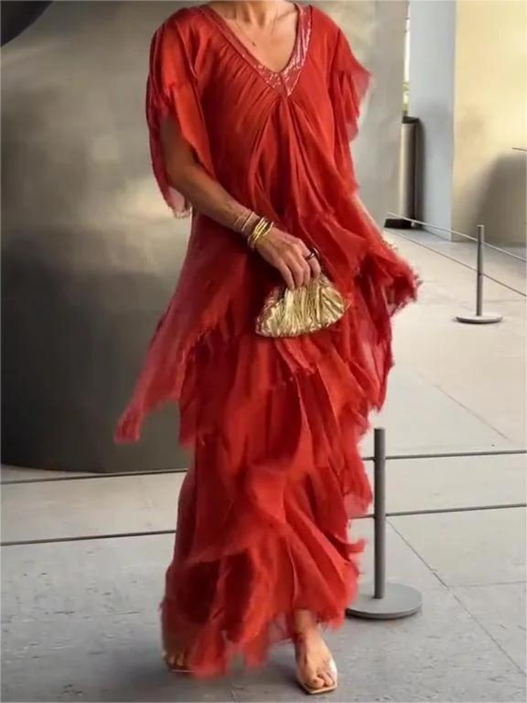 V-Neck Sequin Trim Flutter Sleeve Tiered Ruffle Chiffon Maxi Dress