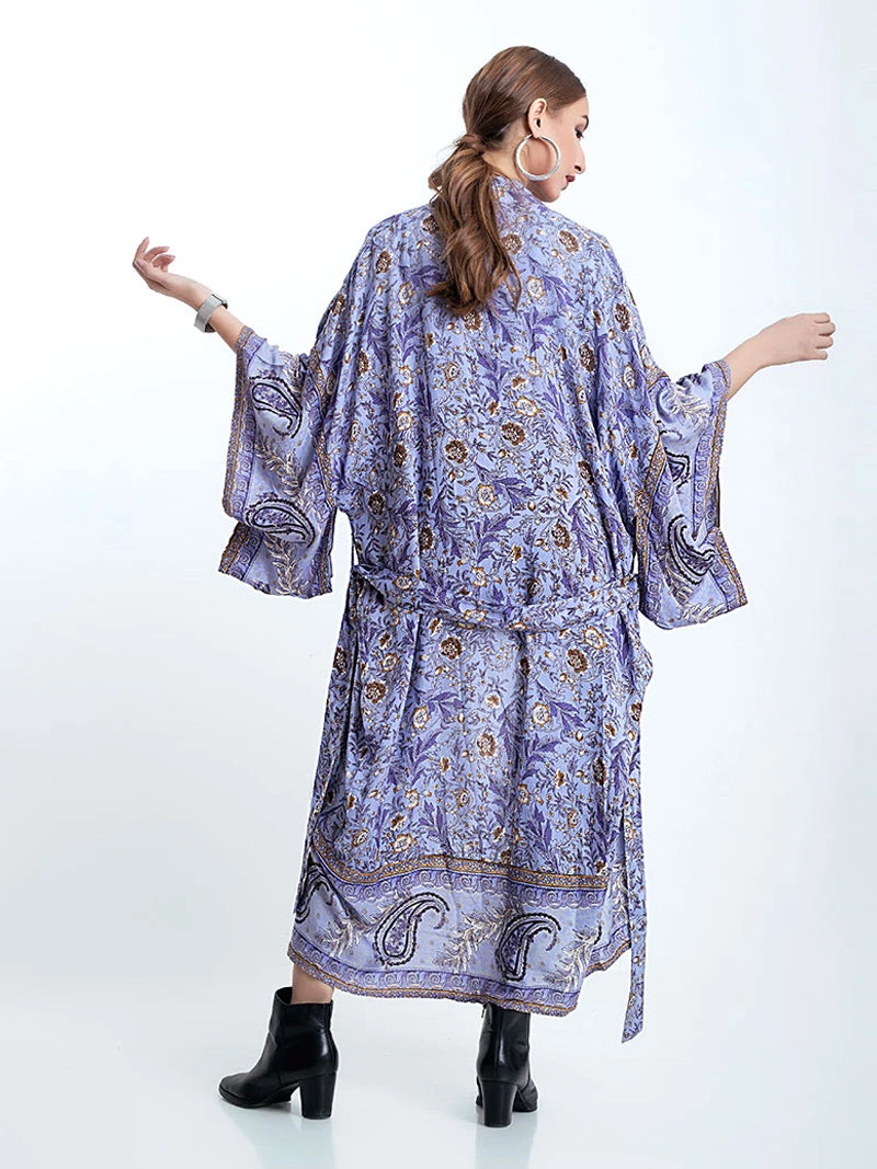 Purple Paisley Floral Print Belted Long Length Kimono Robe 2