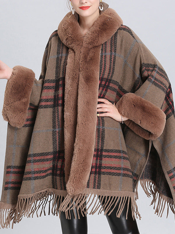 Faux Fur Trim Plaid Tassel Hem Cape Poncho Cardigan