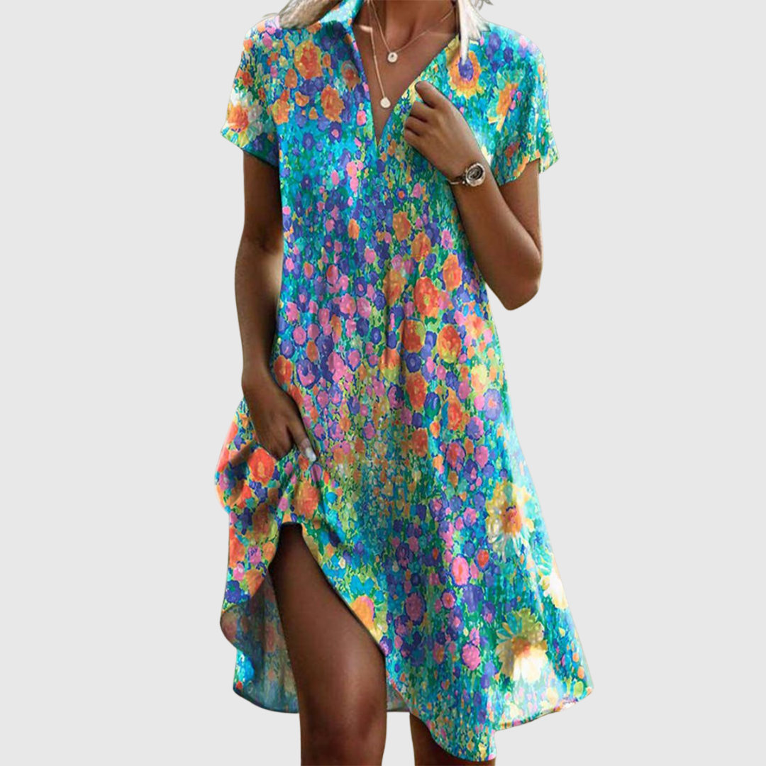 Split Neck Dot Print Short Sleeve Pleated Swing Midi Dress