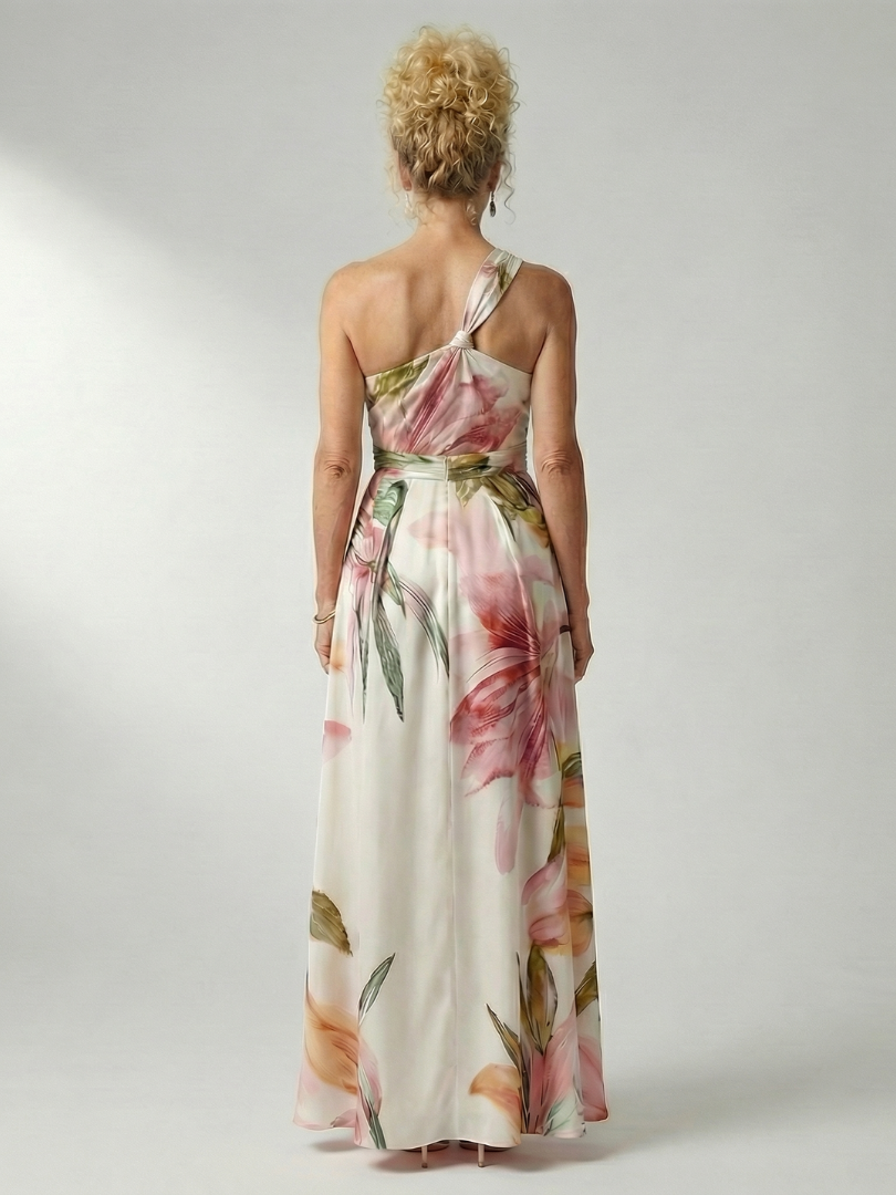 Halter Neck Twist Floral Print Satin A-Line Gown 4