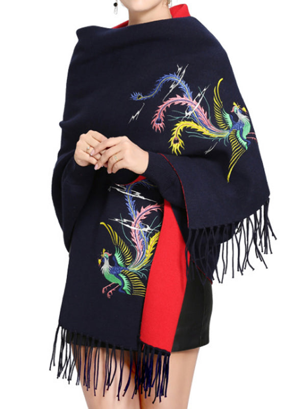 Open Front Phoenix Embroidery Fringe Hem Batwing Cape Cardigan 5