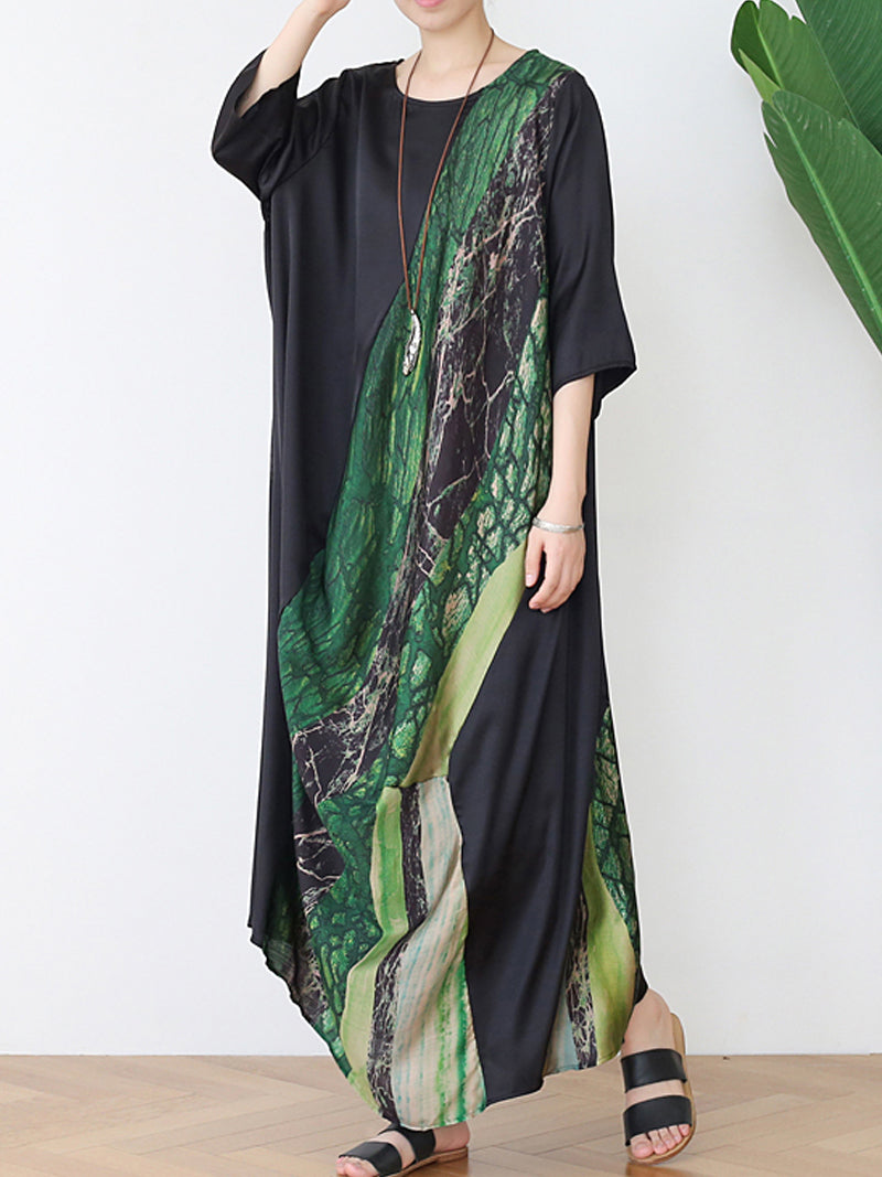 Round Neck Batwing Sleeve Abstract Print Shift Maxi Dress 5