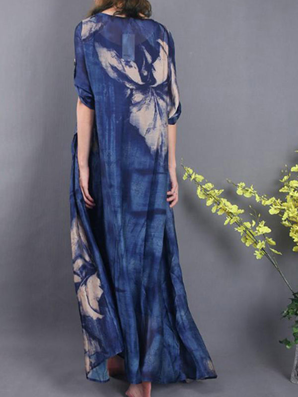 Round Neck Abstract Print Half Sleeve Loose Maxi Dress