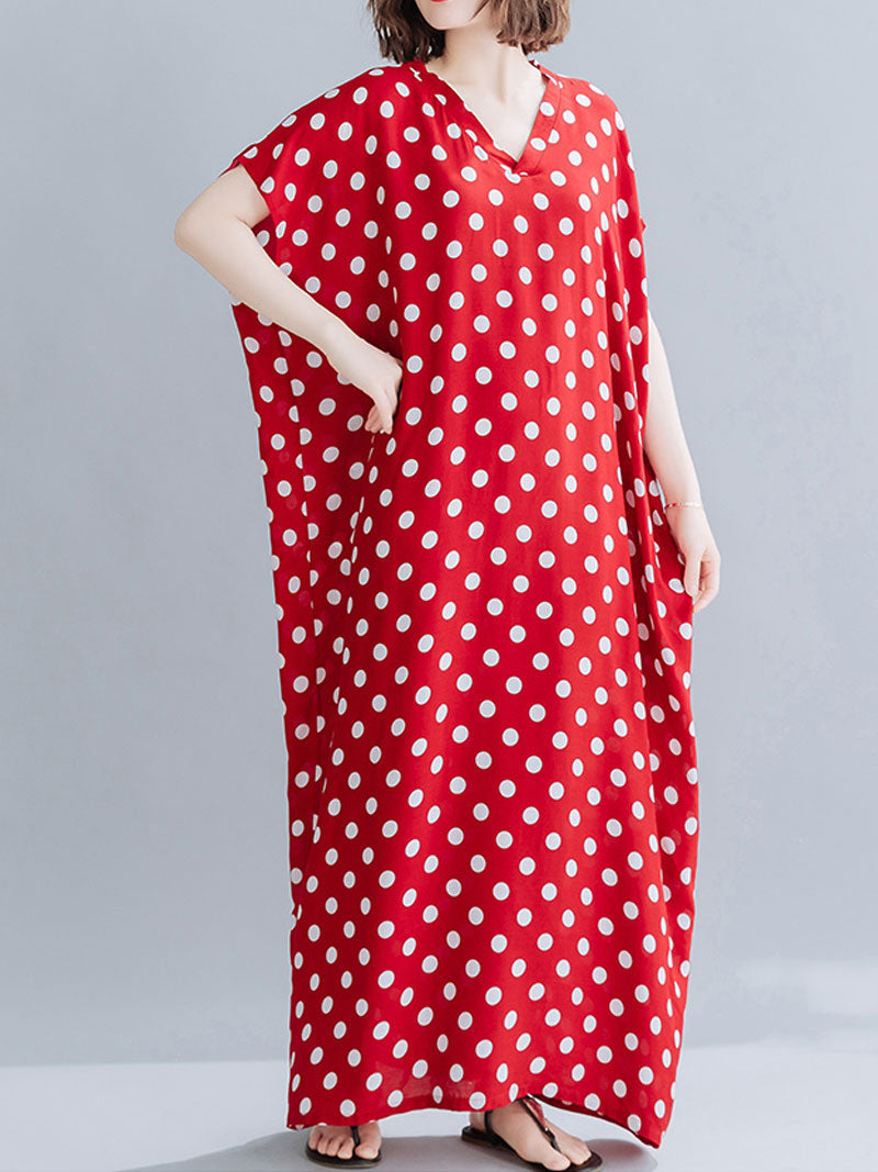 Red V-Neck Short Sleeve Polka Dot Loose Kaftan Maxi Dress 4