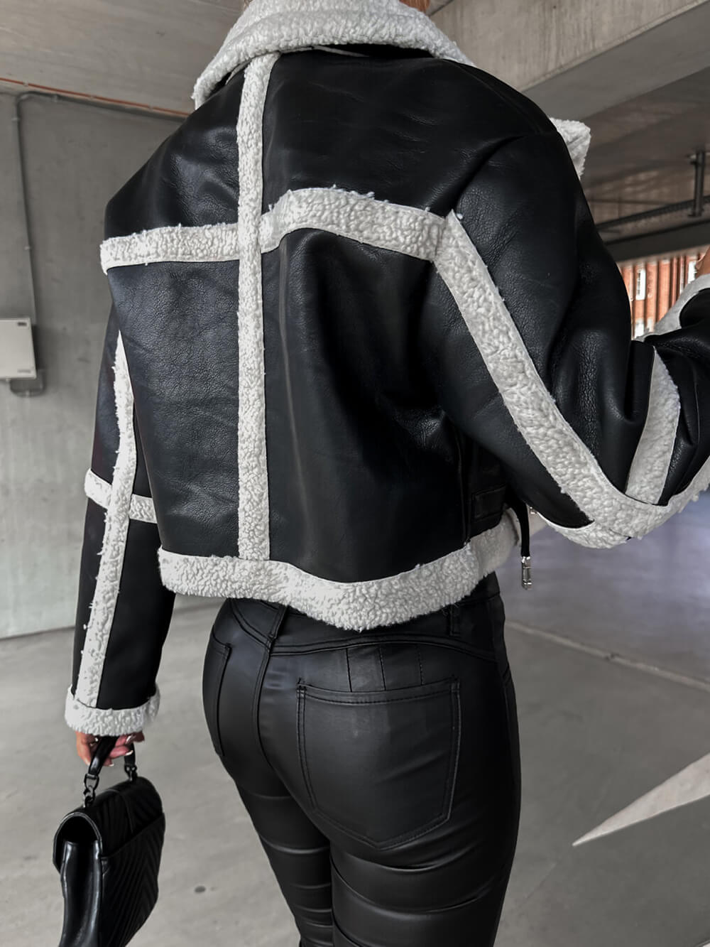 Lapel Collar Faux Shearling Buckle Cropped Moto Jacket 5