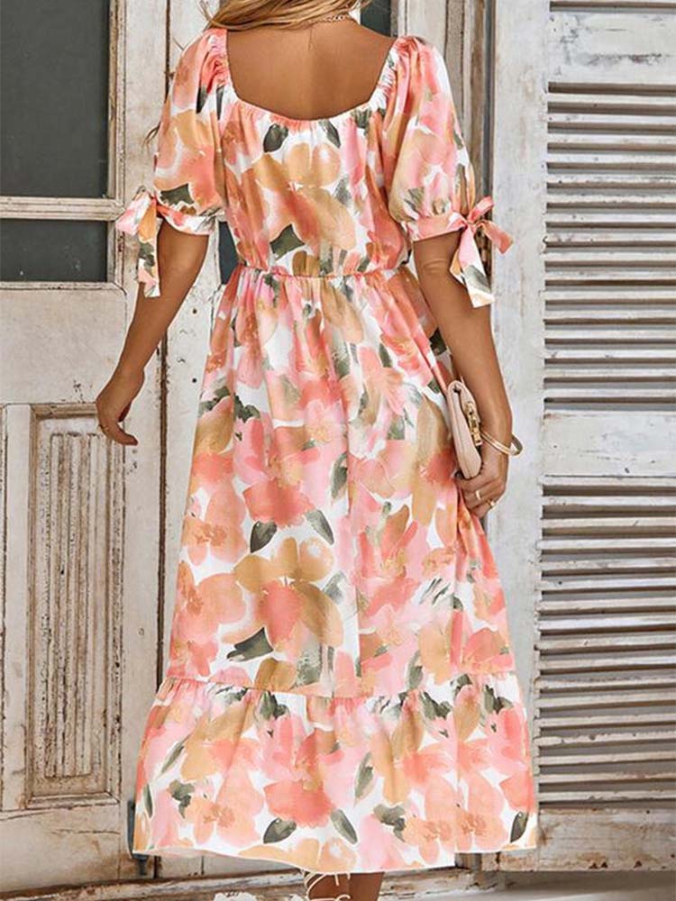 Sweet Short Sleeve Print Midi Dress