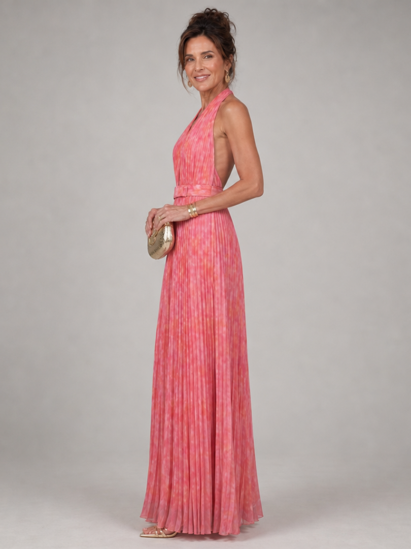 Pink Halter Neck Plunge Pleated Belted A-Line Maxi Gown
