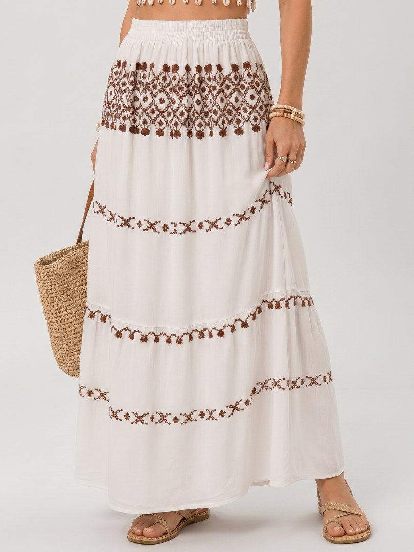 White Spaghetti Strap Embroidered Tassel Crop Top Maxi Skirt Set 4