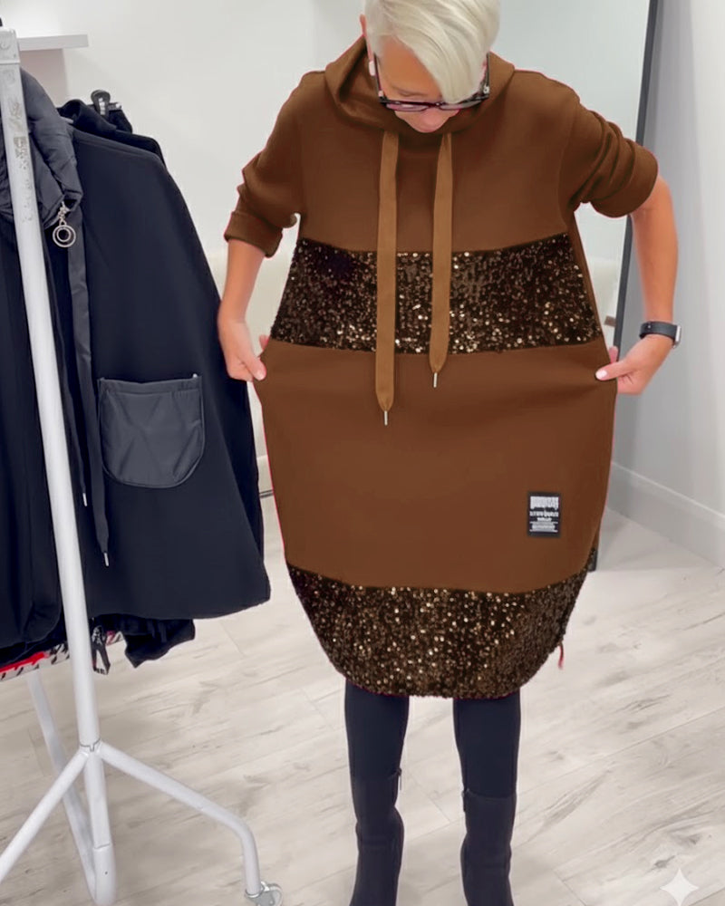 Hooded Drawstring Sequin Patchwork Panel Pocket Sweatshirt Midi Dress