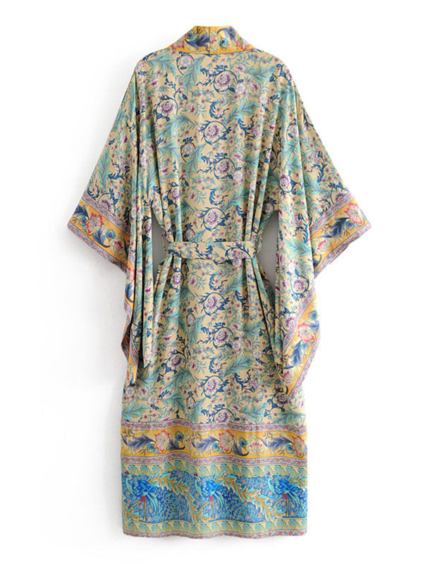 Green Floral Peacock Print Belted Boho Long Kimono Robe 2