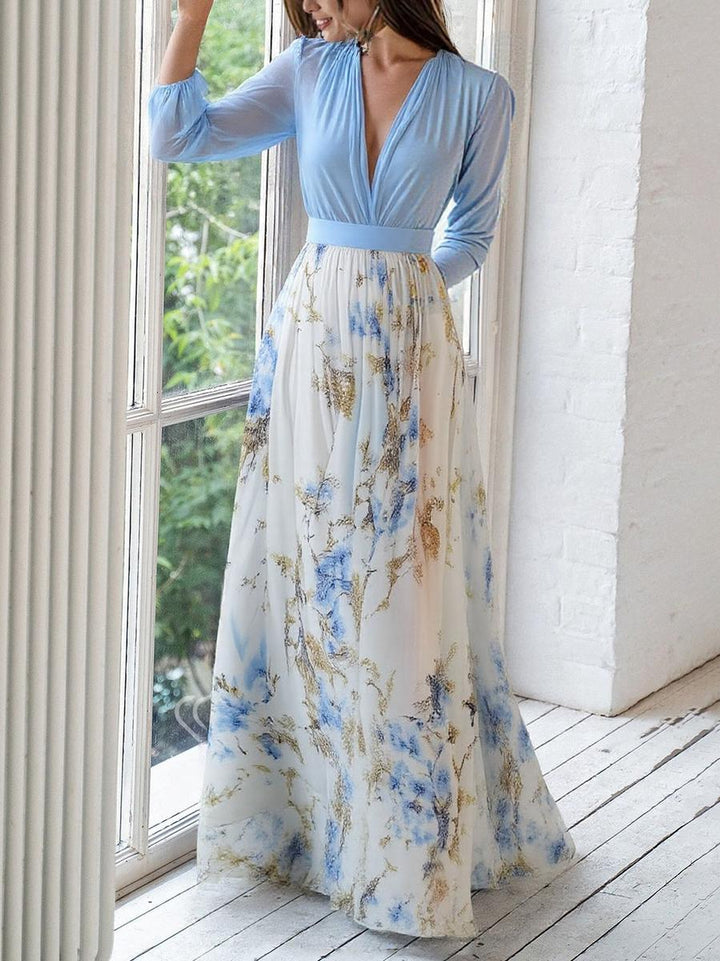 Deep V-Neck Long Sleeve Floral Skirt Chiffon A-Line Maxi Dress 2