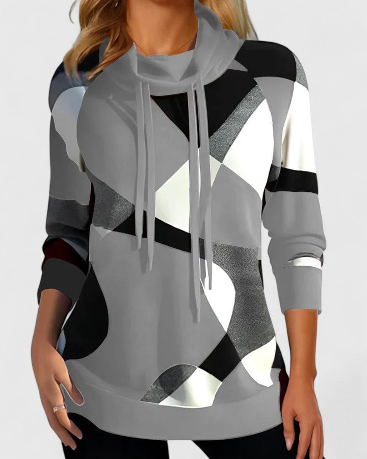 Cowl Neck Drawstring Long Sleeve Geometric Print Sweatshirt 2