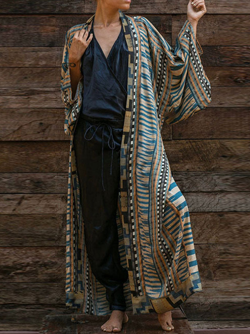 Striped Print Open Front Long Duster Robe Kimono 5