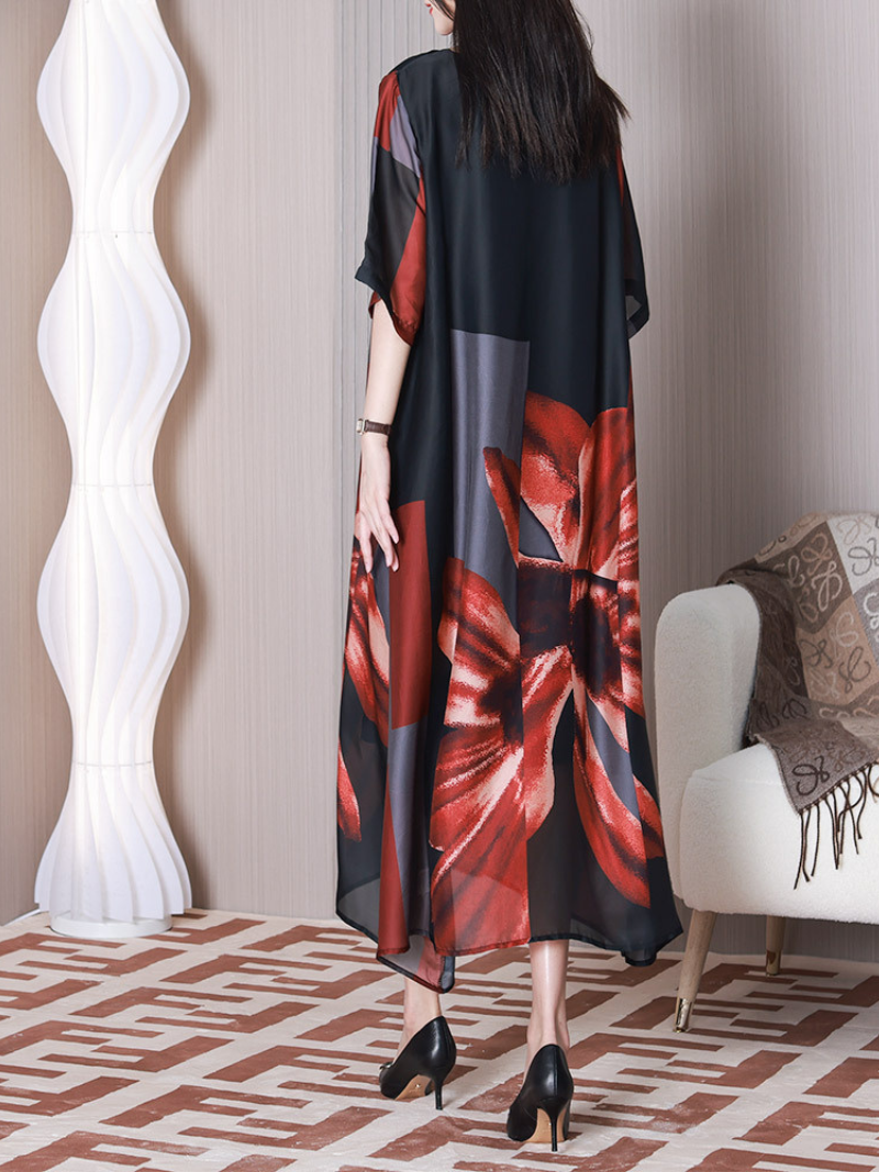 Round Neck Floral Print Short Sleeve Loose A-Line Maxi Dress 3