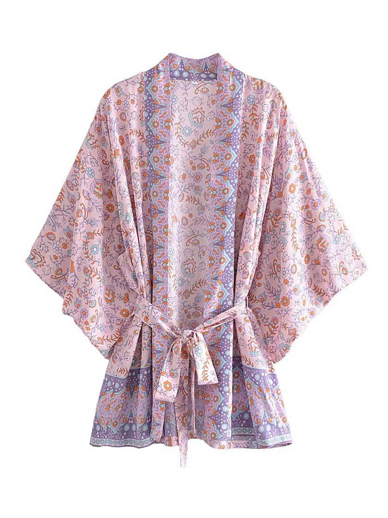 Floral Print Border Trim Tie Waist Kimono Robe 2