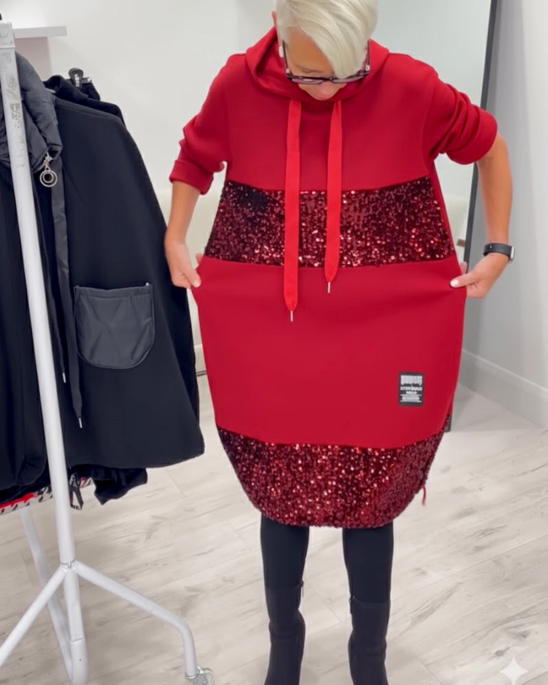 Hooded Drawstring Sequin Patchwork Panel Pocket Sweatshirt Midi Dress