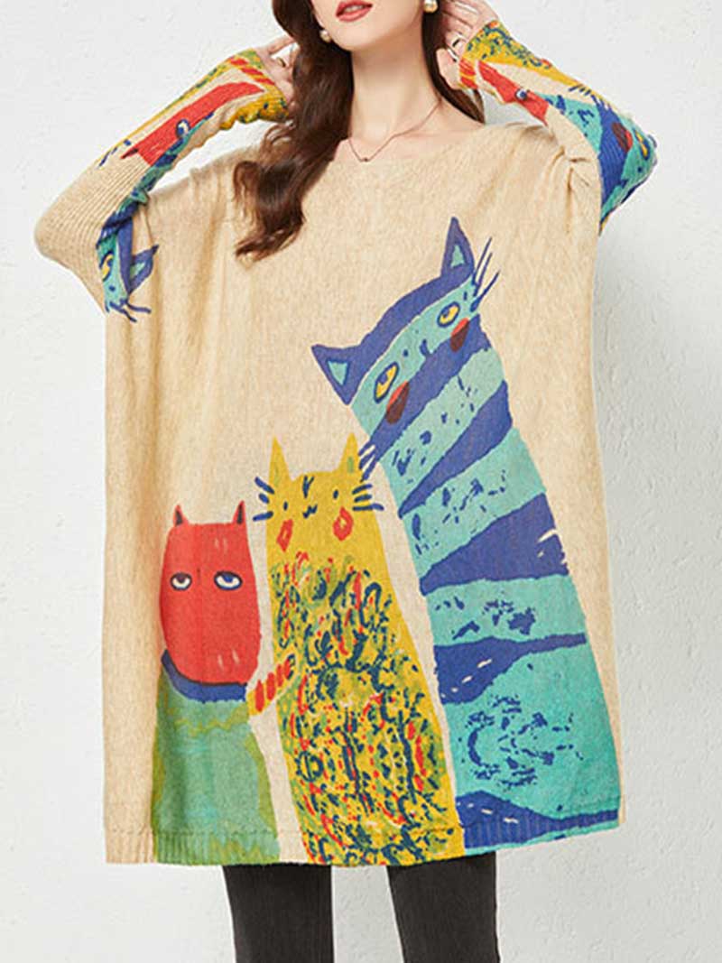 Khaki Scoop Neck Cat Print Long Sleeve Knit Tunic Sweater