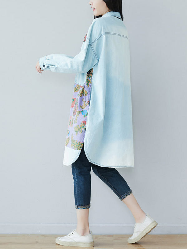Collared Button Down Floral Print Denim Shirt Midi Dress