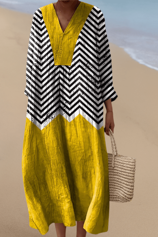 V-Neck Chevron Stripe Colorblock Long Sleeve Loose Maxi Dress