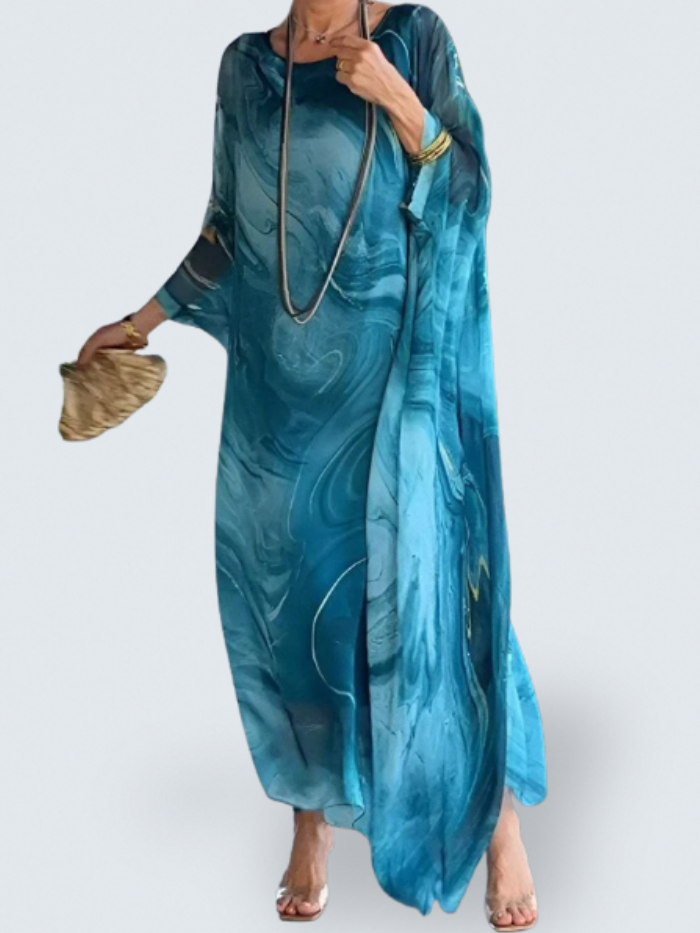 Round Neck Batwing Sleeve Abstract Marble Print Kaftan Maxi Dress
