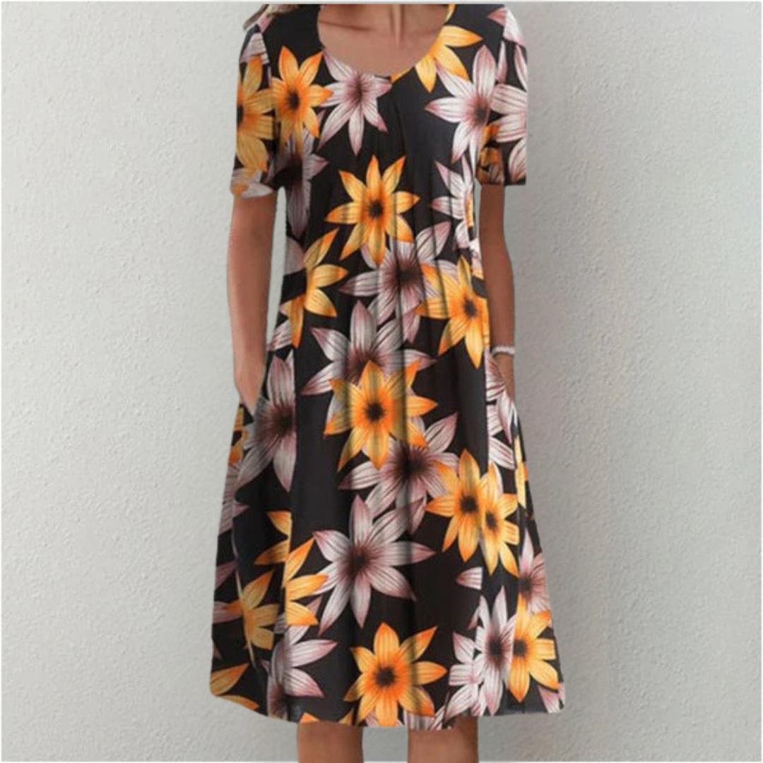 Round Neck Wildflower Print Short Sleeve Pleated Pocket Midi Dress 7