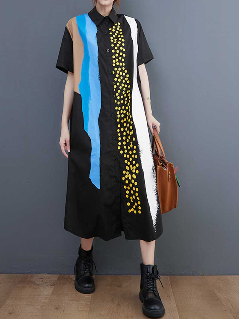 Collared Abstract Print Short Sleeve Shirt Midi Dress 5
