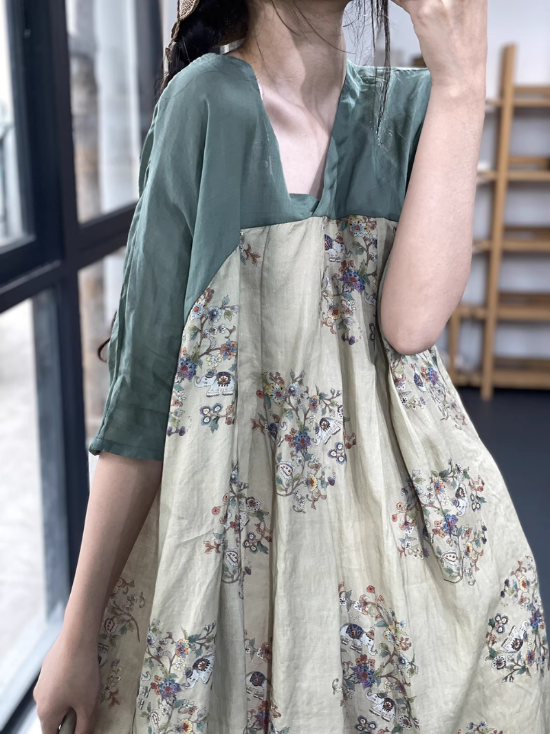 V-Neck Floral Print Sleeveless Loose A-Line Midi Dress 3