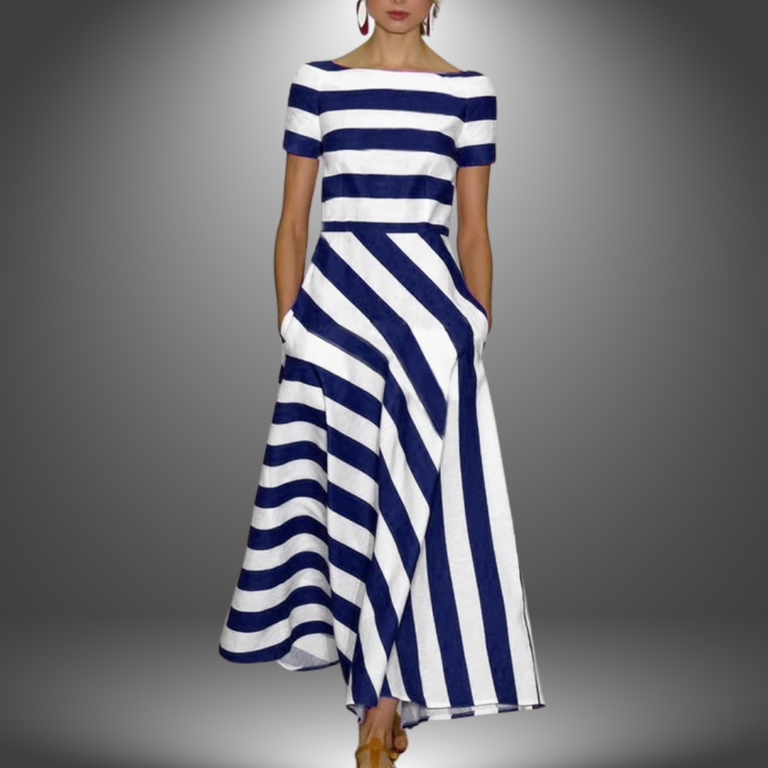 Boat Neck Striped Short Sleeve A-Line Maxi Dress 3