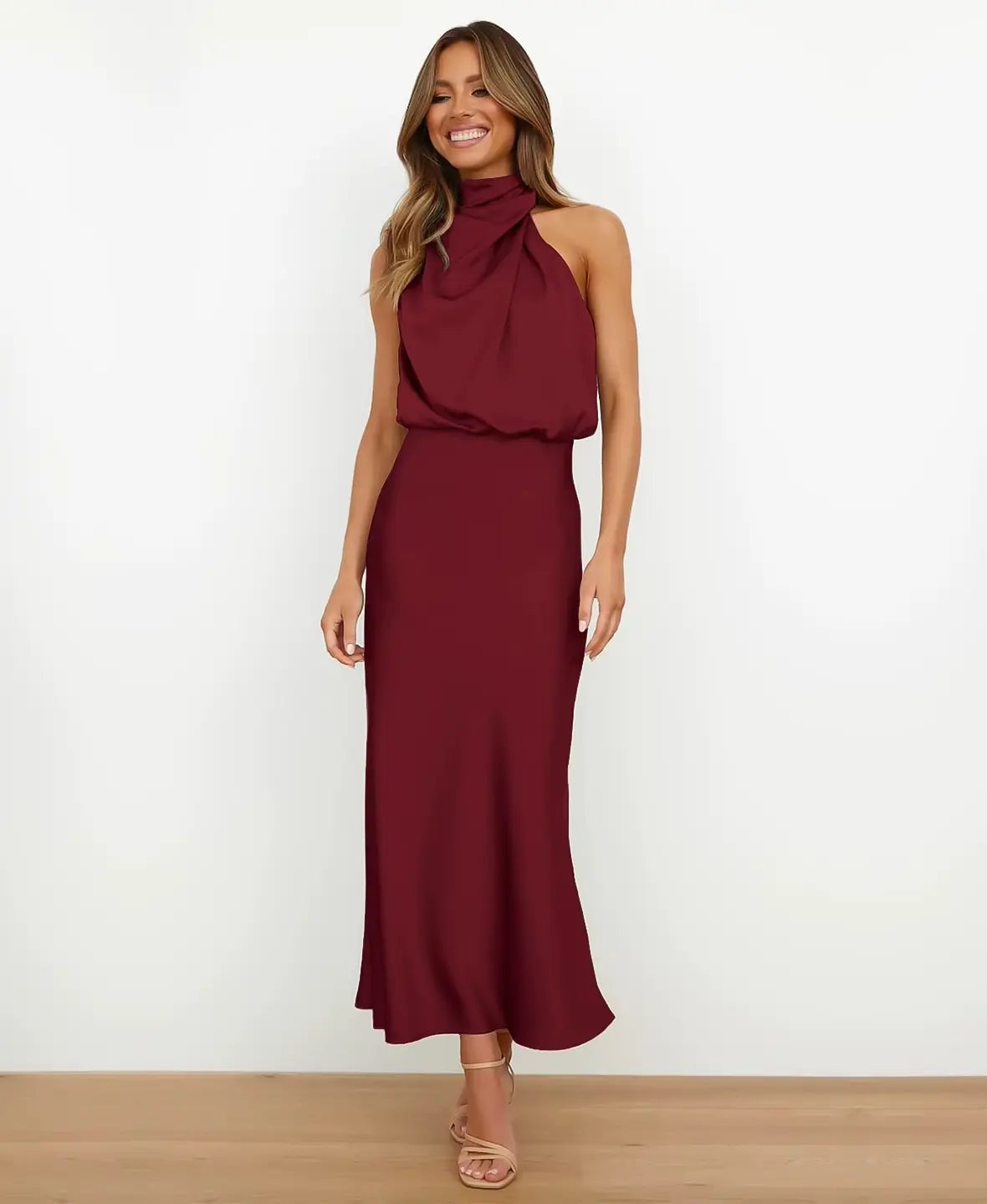 Halter Neck Draped Satin Sleeveless A-Line Maxi Dress 11