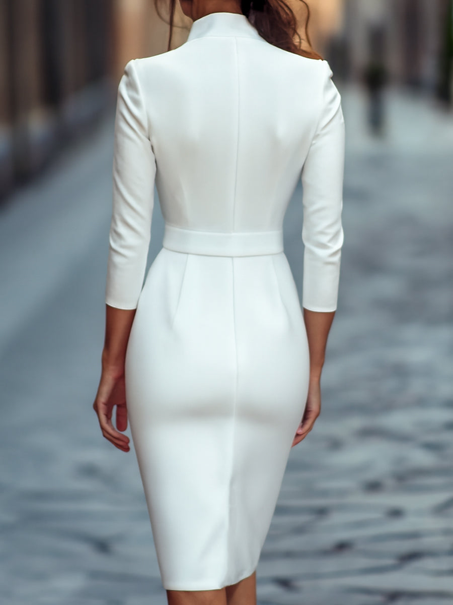 Stand Collar V-Neck Belted Long Sleeve Pencil Midi Dress 9