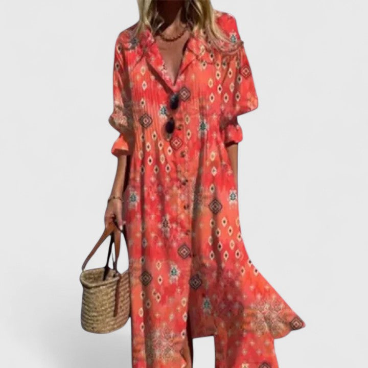 Collared Button Placket Watercolor Floral Long Sleeve Shirt Maxi Dress 4