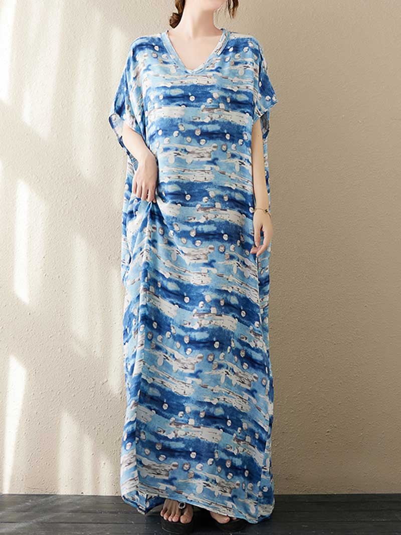 V-Neck Tie-Dye Print Batwing Sleeve Loose Kaftan Maxi Dress