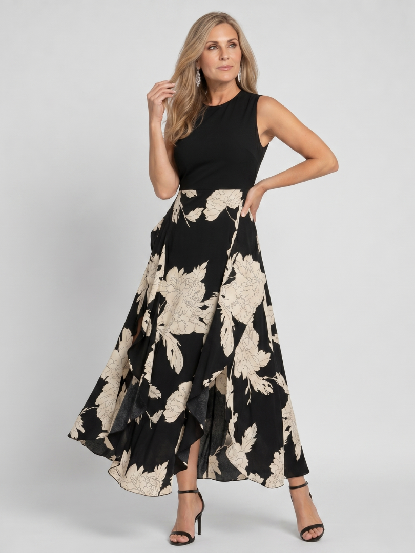 Black Crew Neck Sleeveless Floral High-Low Hem A-Line Maxi Dress