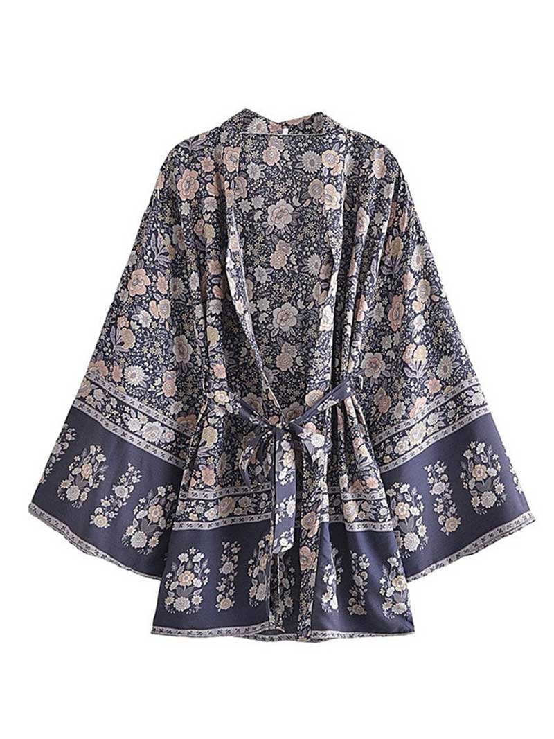 Ditsy Floral Print Wide Sleeve Belted Short Kimono Robe