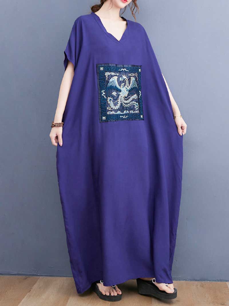 Navy Blue V-Neck Embroidered Phoenix Patch Short Sleeve Loose Kaftan Maxi Dress