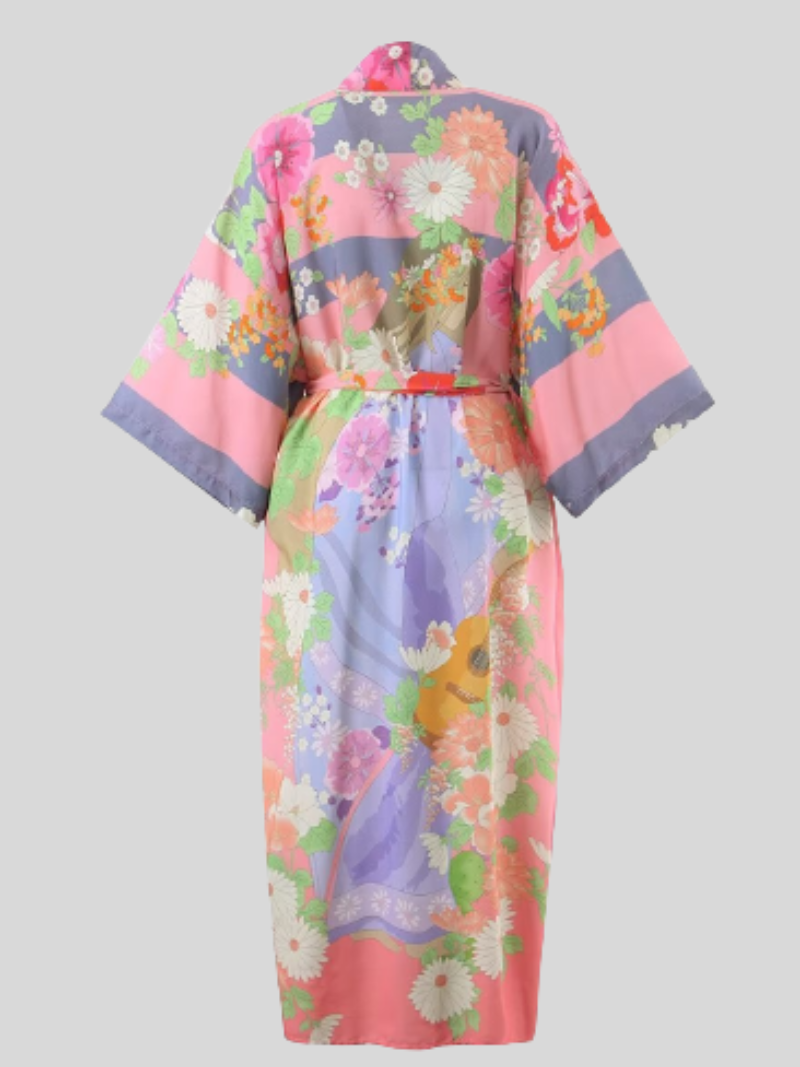 Mixed Floral Print Belted Bell Sleeve Long Kimono Robe 4