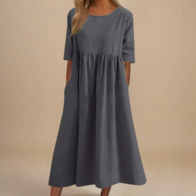 Round Neck Linen Half Sleeve Pocket Pleated A-Line Midi Dress