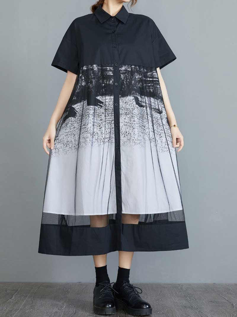 Black Collared Ink Print Button Front Mesh Hem A-Line Shirt Dress