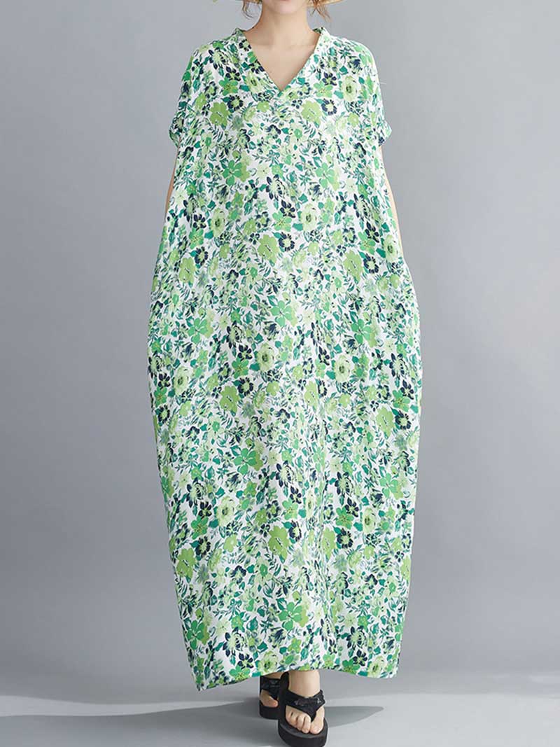 Multicolor V-Neck Floral Print Short Sleeve Loose Kaftan Maxi Dress